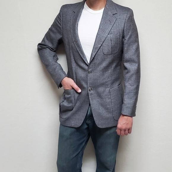 VINTAGE 70s Grey Tweed Wool Single Breasted Notched Lapel Fitted Blazer Jacket - Picture 2 of 15